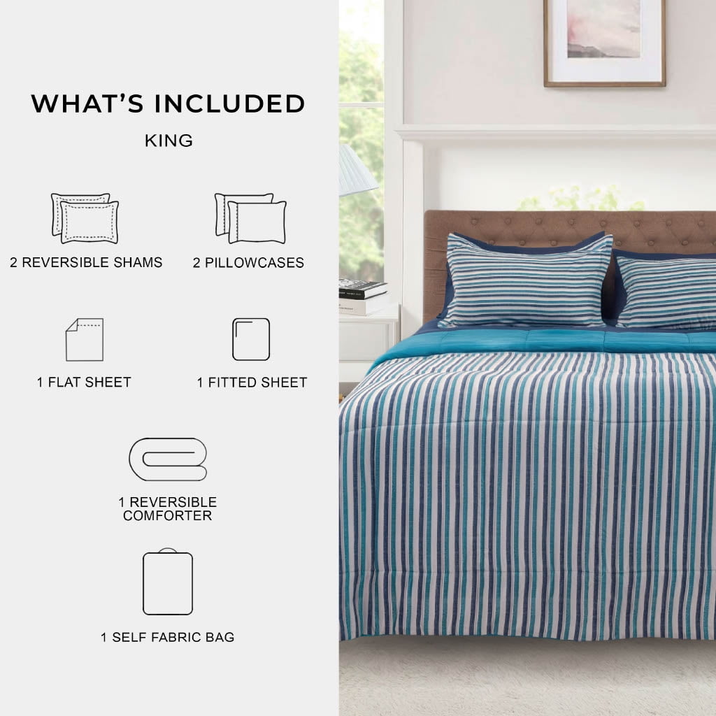 All-Season All in One Reversible Comforter and Sheet Set- 7 Piece, Queen, Blue Pinstripe - Cloud-Like Soft Lightweight Bed Comforter Detail