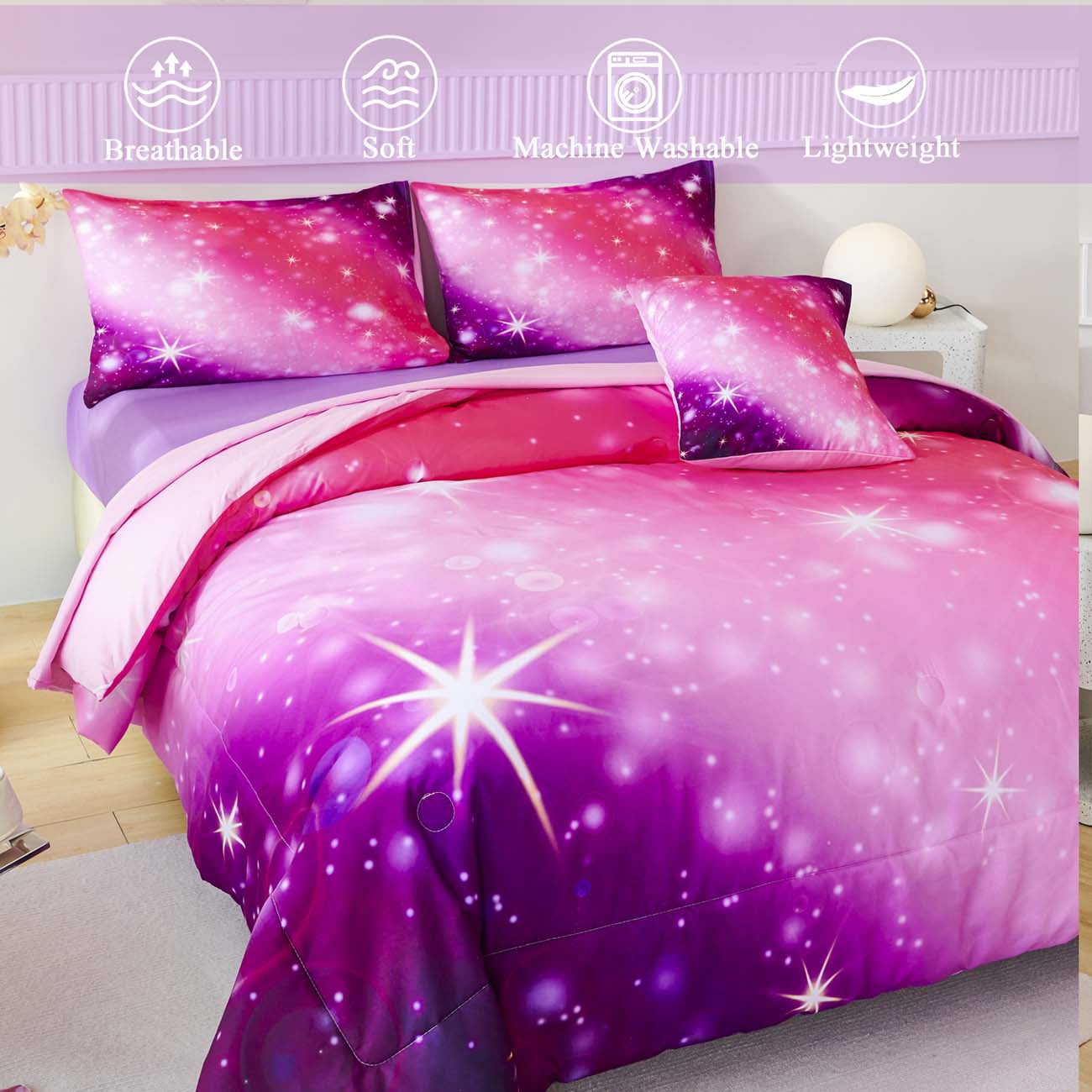 Heavyweight Warmth 4Pcs Rainbow Twin Size Comforter Set for Girls, Pink Purple Gradient Glitter Kids Bedding Sets, Soft Galaxy Girls Bed... - All-Season Down Alternative Comforter Insert Detail