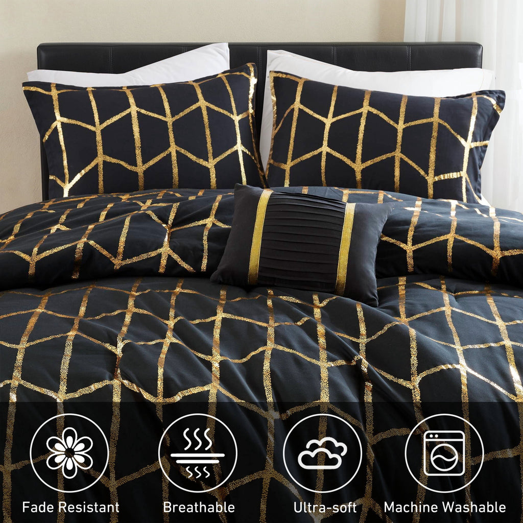 Heavyweight Warmth Full/Queen Size Comforter Set, 4-Piece Bedding Set for All Seasons, Geometric Metallic Comforter Bed Set with Decor P... - Hypoallergenic Ultra-Fluffy Quilt for Winter Detail