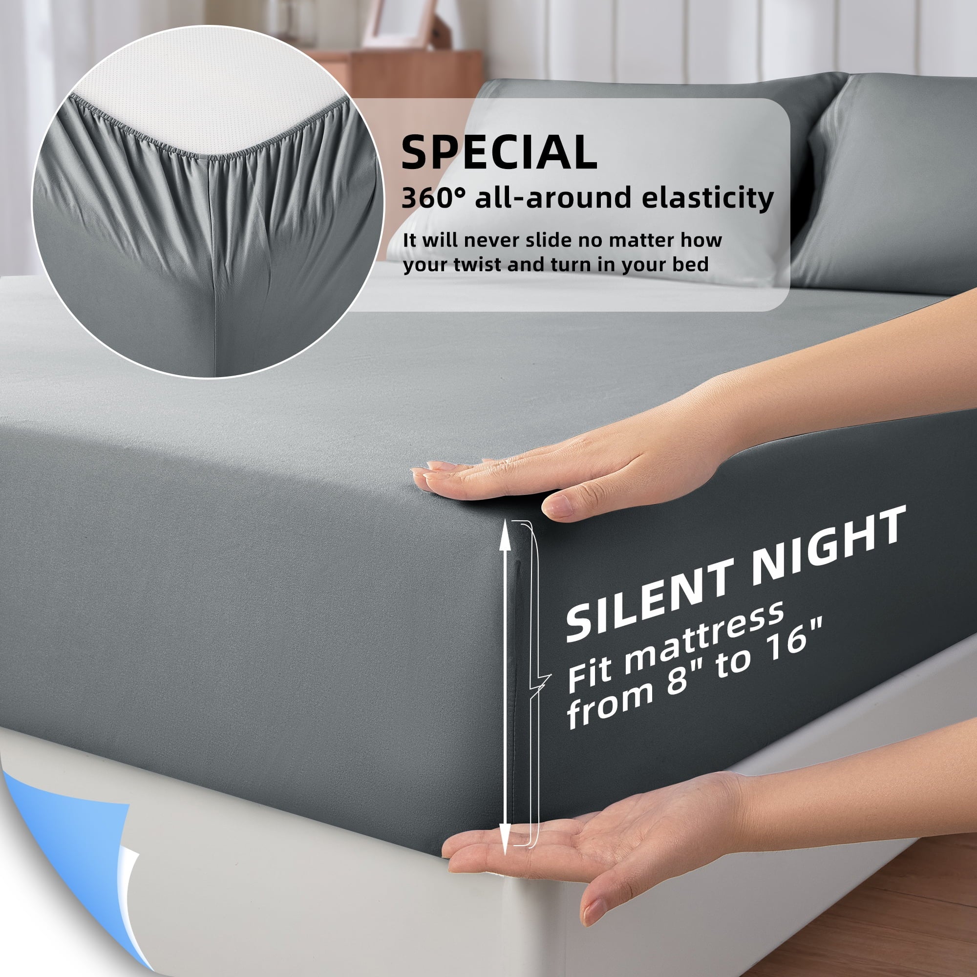 Ultra-Soft Shilucheng 4 Pieces Luxury Bed Sheets Set, Plush Microfiber Bed Sheets, 16" Deep Pocket, Queen, Dark Gray - Premium Ultra-Soft Pillowcase Pair for Sleeping Detail