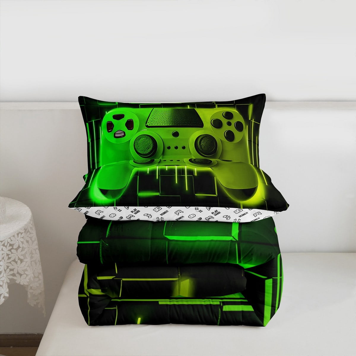 All-Season Green Yellow Gaming Full Size Comforter Sets - Gamer Comforter Full Size Bedding Set, Neon Lights Abstract Geometry D... - All-Season Down Alternative Comforter Insert Detail