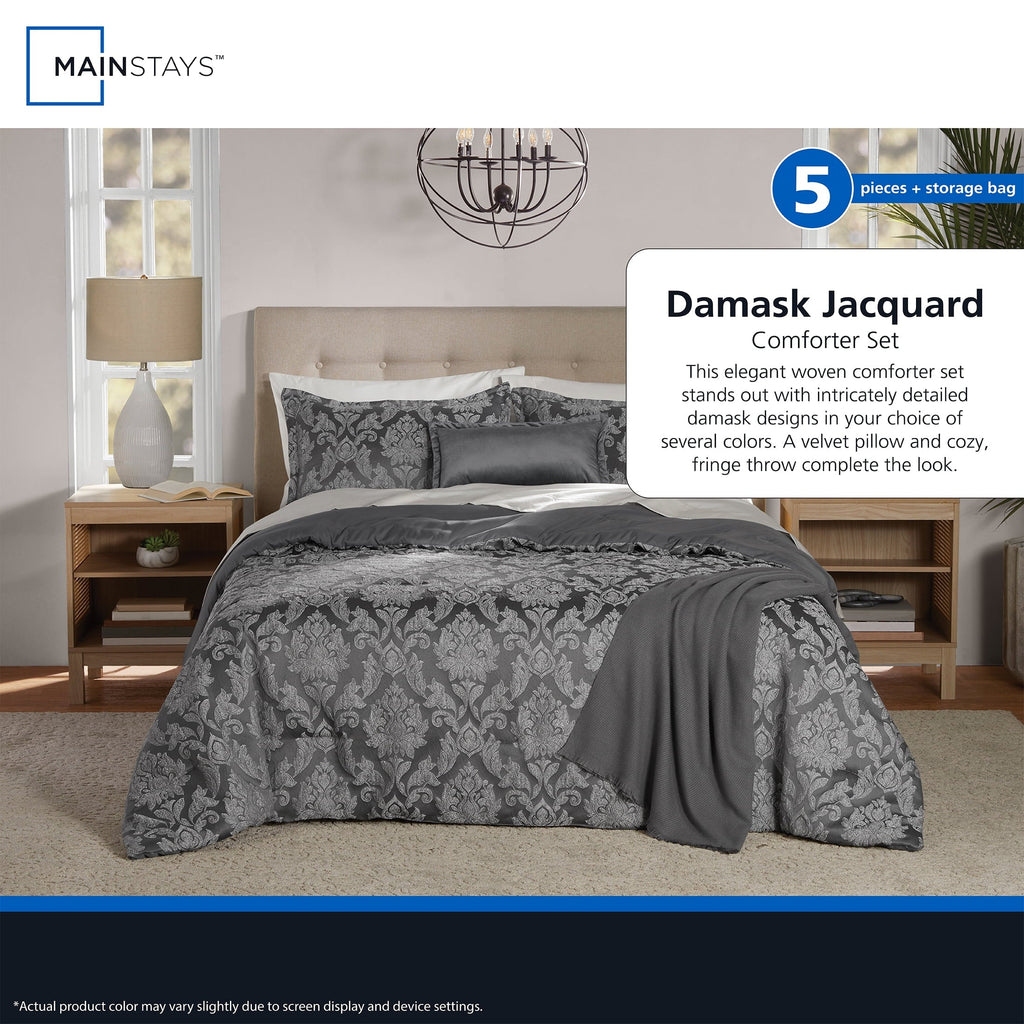 Heavyweight Warmth Full/Queen Comforter Set, All-Season, 5-Piece, Grey Jacquard Damask - All-Season Down Alternative Comforter Insert Detail