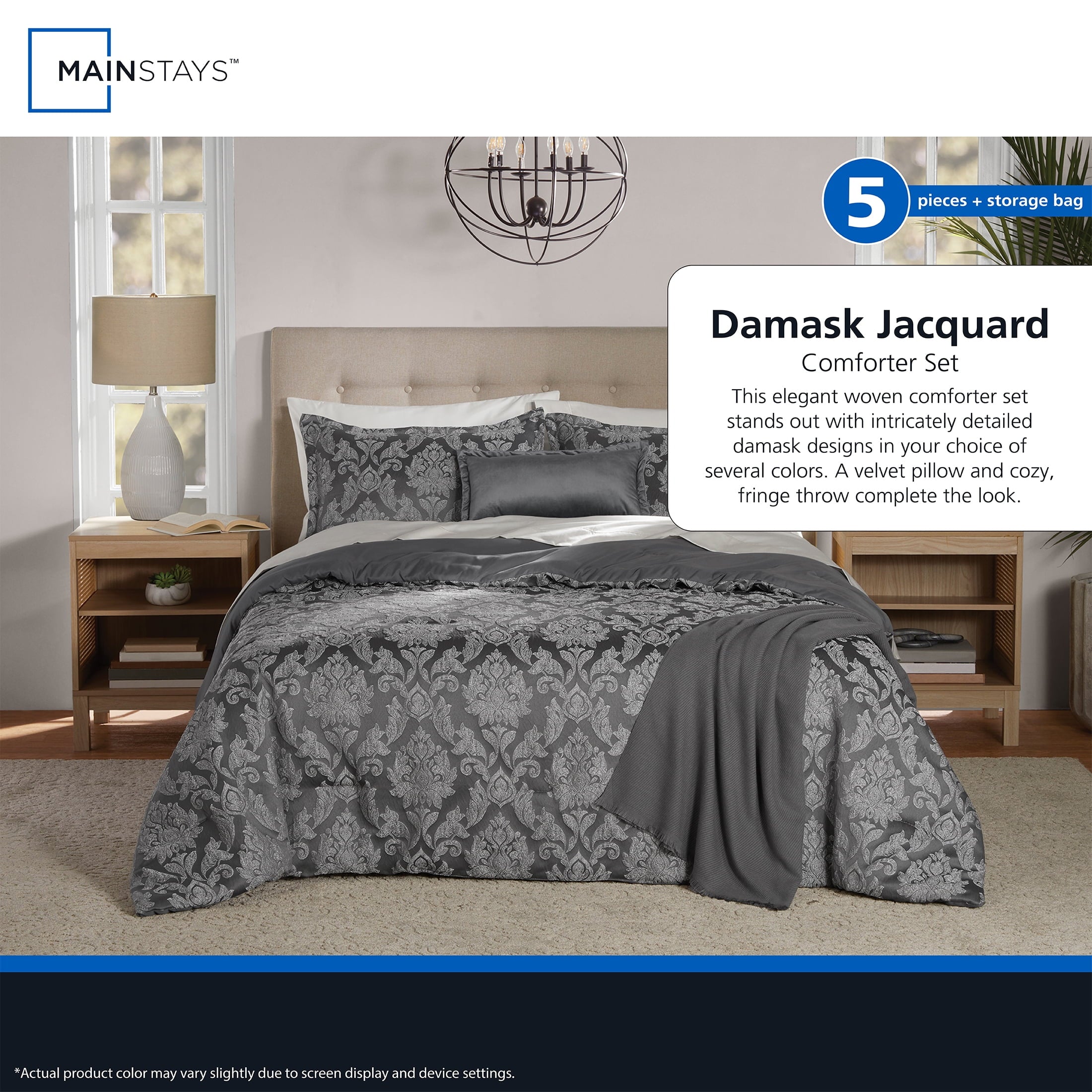 Heavyweight Warmth Full/Queen Comforter Set, All-Season, 5-Piece, Grey Jacquard Damask - All-Season Down Alternative Comforter Insert Detail