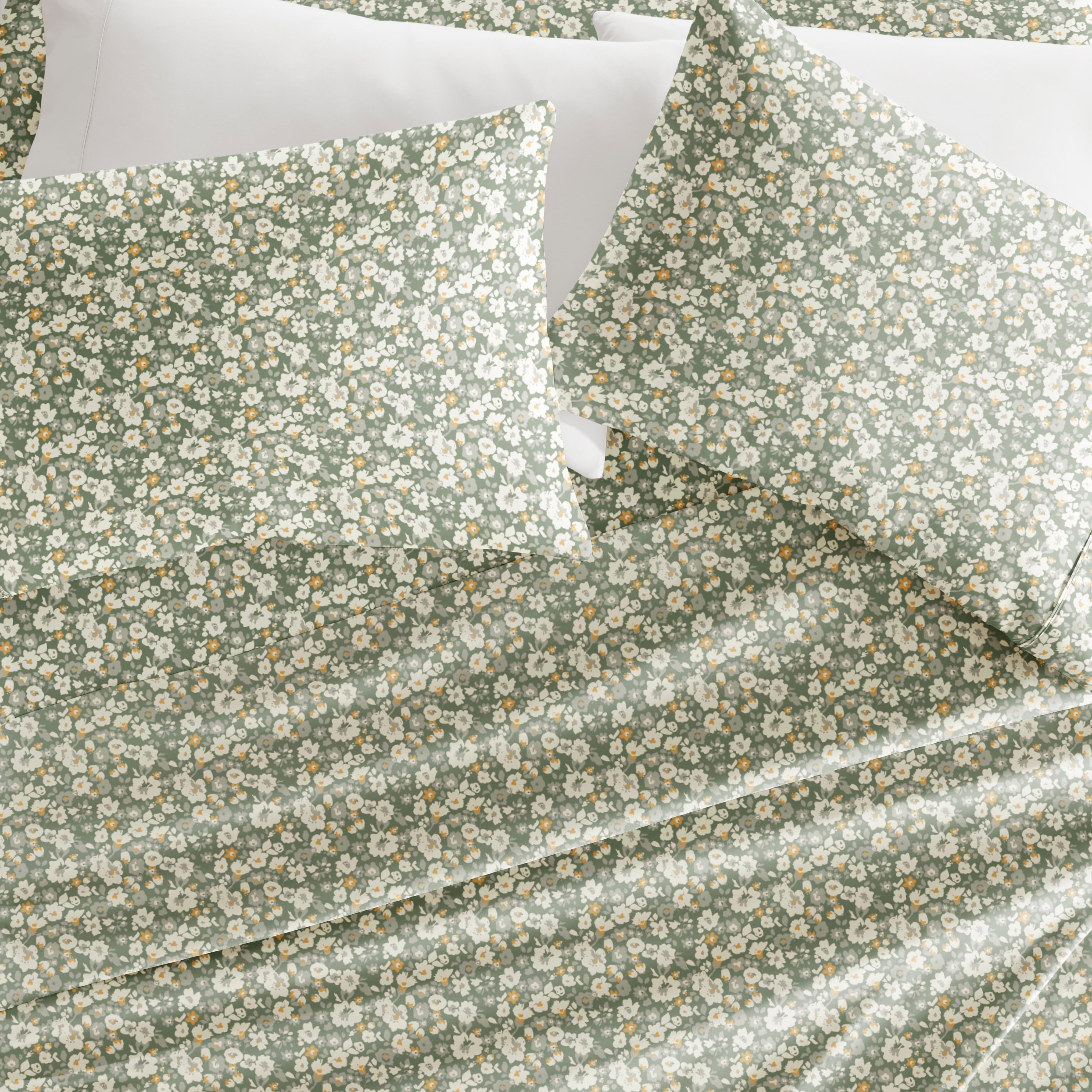 Wrinkle-Resistant 4 Piece Pattern Microfiber Bed Sheets Set, Floral Dream Eucalyptus, Twin - Breathable Egyptian Cotton Flat & Fitted Sheets Detail