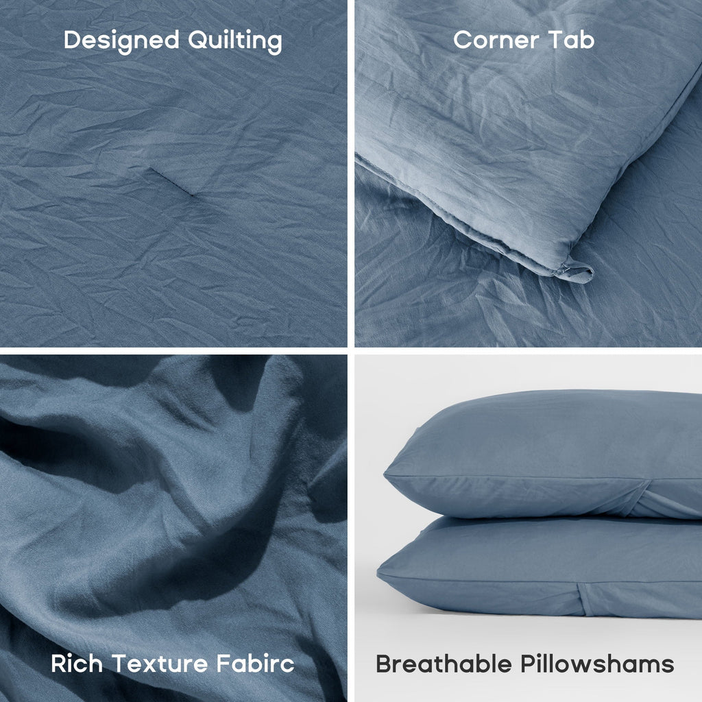 Hypoallergenic Cloud Washed Comforter Sets Queen 3 Piece, Soft and Cozy, Fluffy Microfiber Fill, Washed Textured Wrinkled Design (Flint St... - Luxurious Quilted Duvet Cover Set Detail