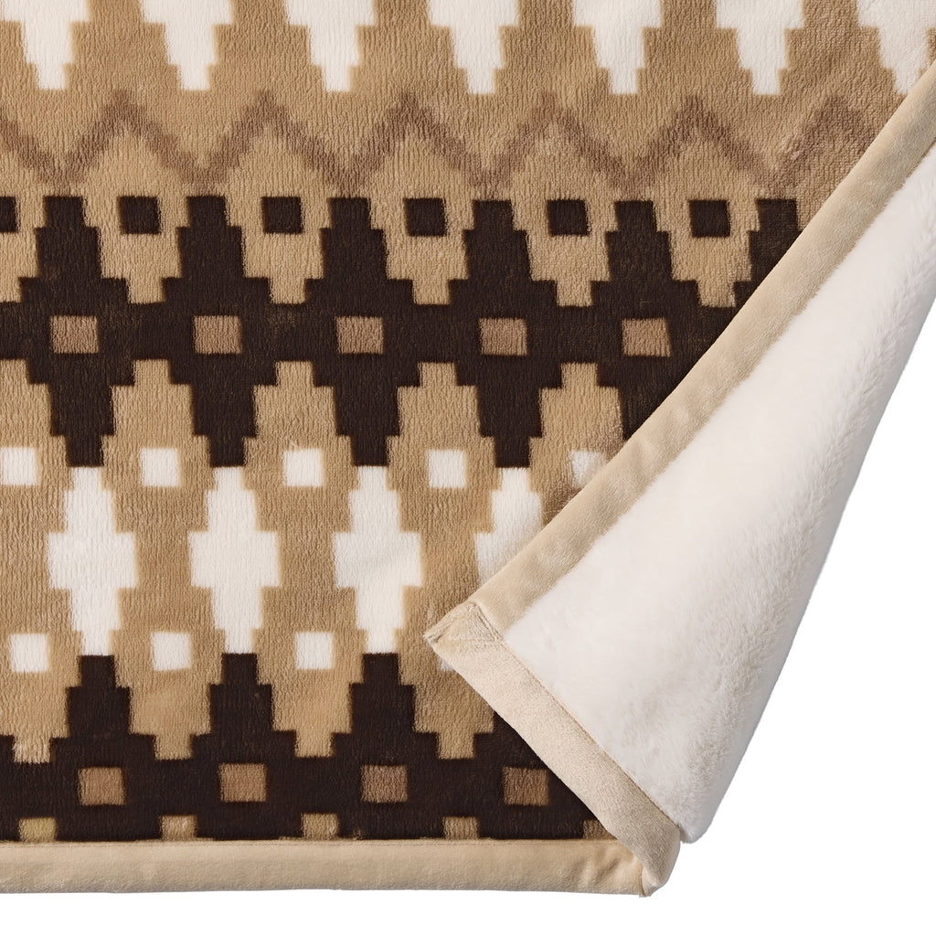 Lightweight Warm Printed Velvet Plush Reverse to Faux Fur Super Soft Throw Blanket, Oversized, Linder Border Beige - Luxury Knitted Decorative Throw Blanket with Fringes Detail