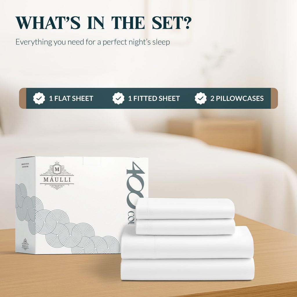Wrinkle-Resistant 100% Cotton Sheets For Queen Size Bed - Luxury 400 Thread Count Queen Sheet Set, 4 Piece Sateen Weave Queen White Cot... - Cooling Hotel Quality Bedding Sheets and Pillowcases Detail