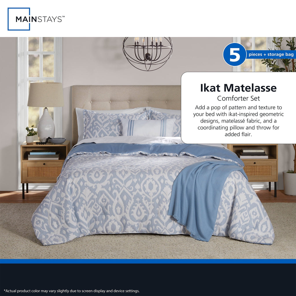 Heavyweight Warmth Full/Queen Comforter Set, All-Season, 5-Piece, Blue Matelasse Ikat - Luxurious Quilted Duvet Cover Set Detail