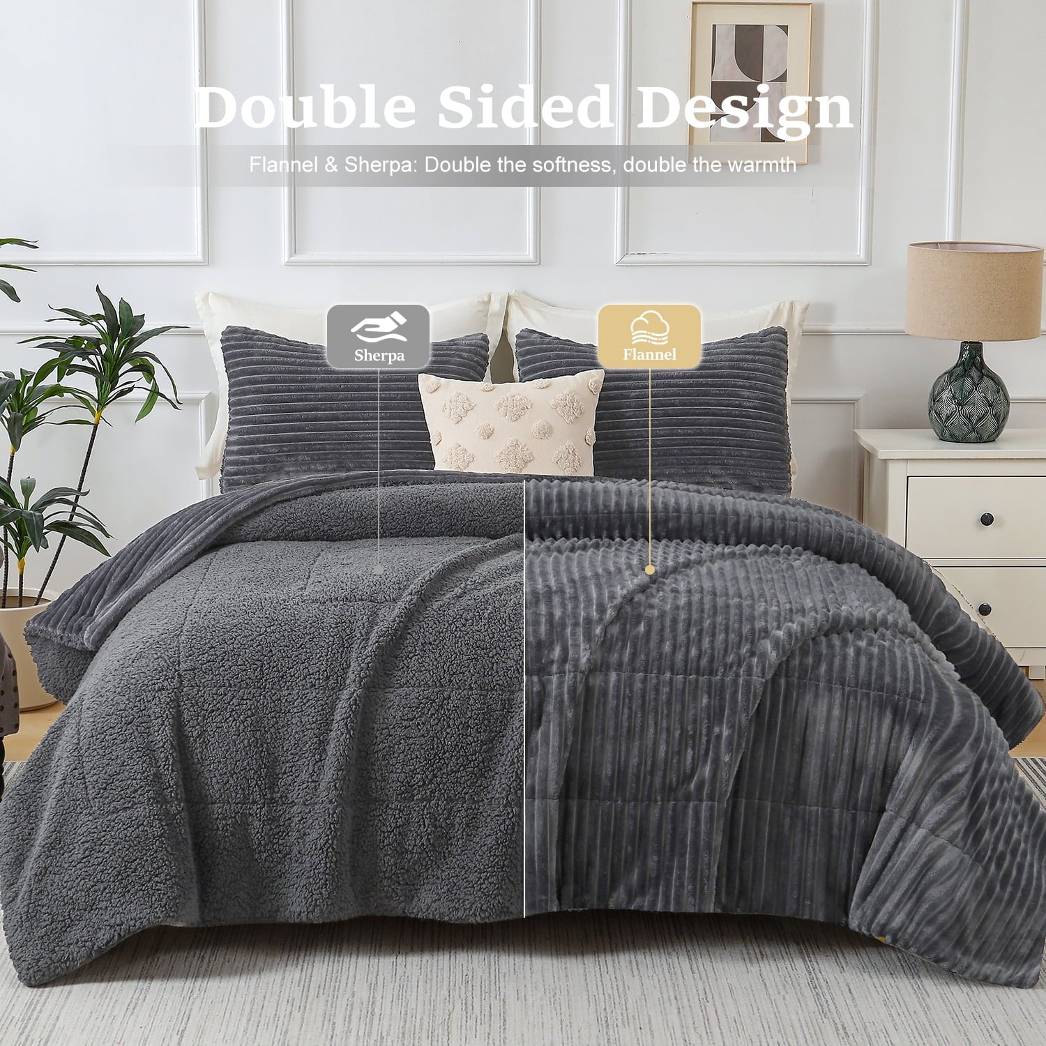 Hypoallergenic Cloud 3 Piece Fleece Queen Comforter Set - Soft & Warm Fluffy Dark Gray Sherpa Bedding , Fuzzy Heavy Double Sided Design Wi... - Luxurious Quilted Duvet Cover Set Detail