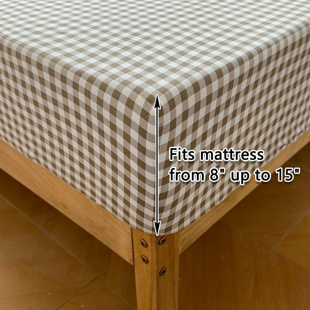 Ultra-Soft Tan Gingham Ruffle Queen Sheet Set, Taupe Soft Pre-Washed Microfiber Plaid Ruffled Queen Bed Sheets, 4-Pieces Farmhou... - Luxury Bed Sheet Set with Deep Pockets Detail
