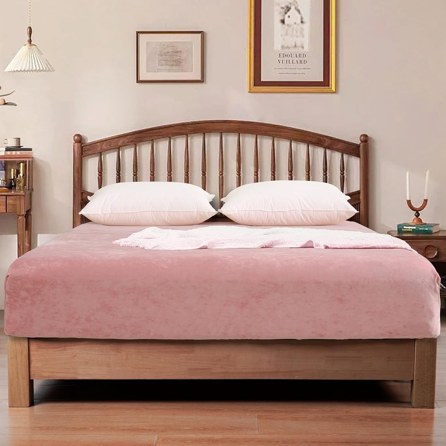 Cooling Sateen Truly Velvet Fitted Sheet Twin Size, Luxury Super Soft Flannel Bottom Sheet with 15" Deep Pocket for Winter, Pink - Cooling Hotel Quality Bedding Sheets and Pillowcases Detail