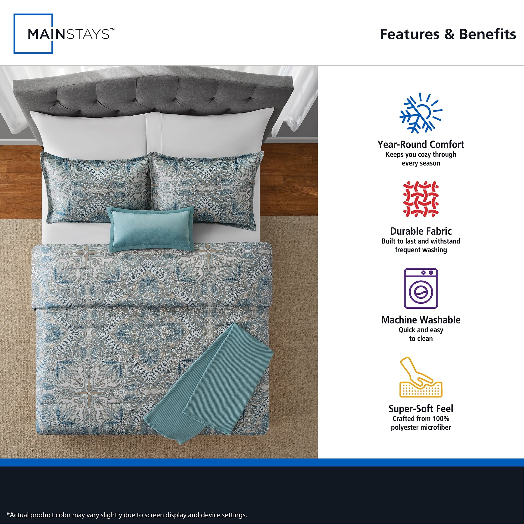 Heavyweight Warmth Full/Queen Comforter Set, All-Season, 5-Piece, Teal Jacquard Medallion - Luxurious Quilted Duvet Cover Set Detail