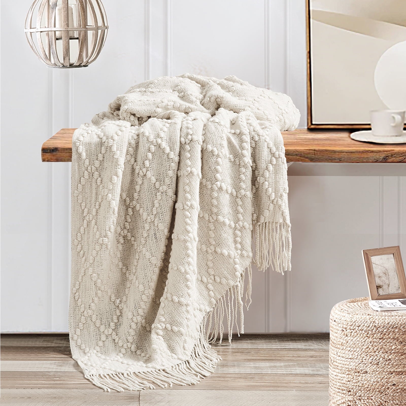 Super Soft Flannel Texture Pure Color Soft Throw Blanket and Sofa Or Bed Knitted Decorative Blanket 50 x70 inches Jacquard Diamond Beige... - Luxury Knitted Decorative Throw Blanket with Fringes Detail