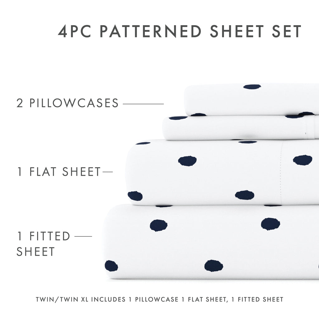 Breathable Luxury 4 Piece Pattern Microfiber Bed Sheets Set, Navy Dots, California King - Luxury Bed Sheet Set with Deep Pockets Detail