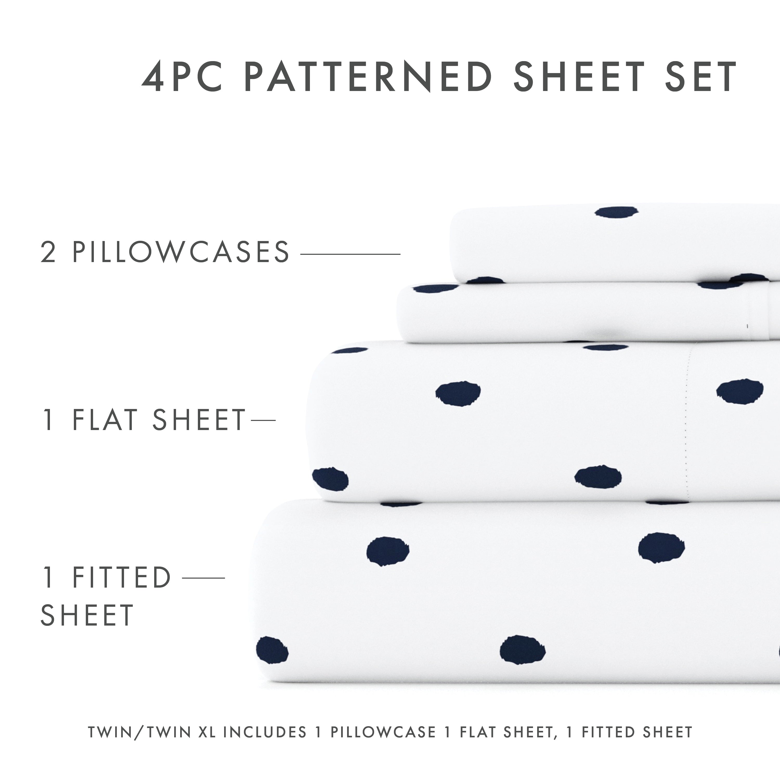 Breathable Luxury 4 Piece Pattern Microfiber Bed Sheets Set, Navy Dots, California King - Luxury Bed Sheet Set with Deep Pockets Detail