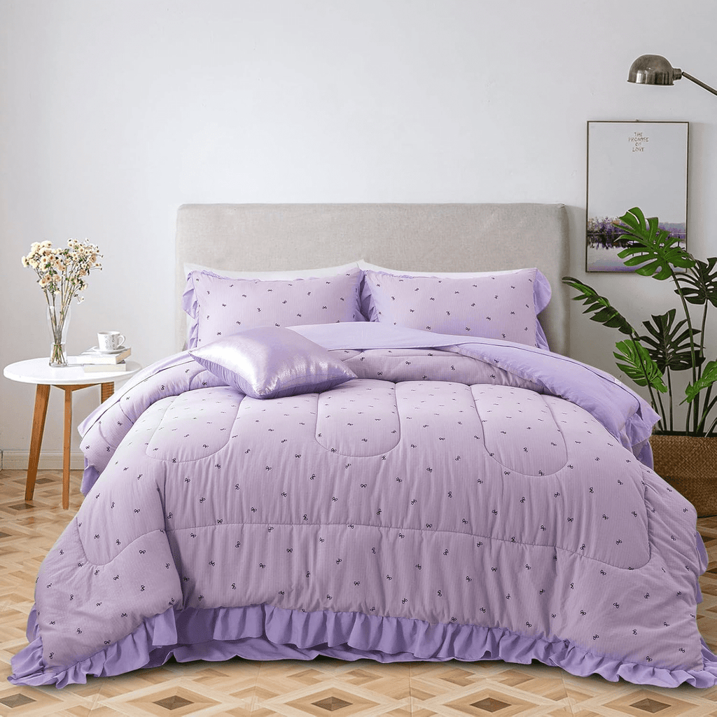 Heavyweight Warmth 6 Piece Delicate Bows Purple Bedding Set Ruffle Princess Style Comforter Set Bed in a Bag - Luxurious Quilted Duvet Cover Set Detail