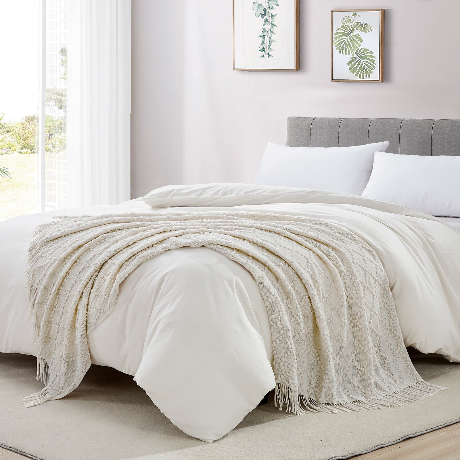 Super Soft Flannel Texture Pure Color Soft Throw Blanket and Sofa Or Bed Knitted Decorative Blanket 50 x70 inches Jacquard Diamond Beige... - Luxury Knitted Decorative Throw Blanket with Fringes Detail