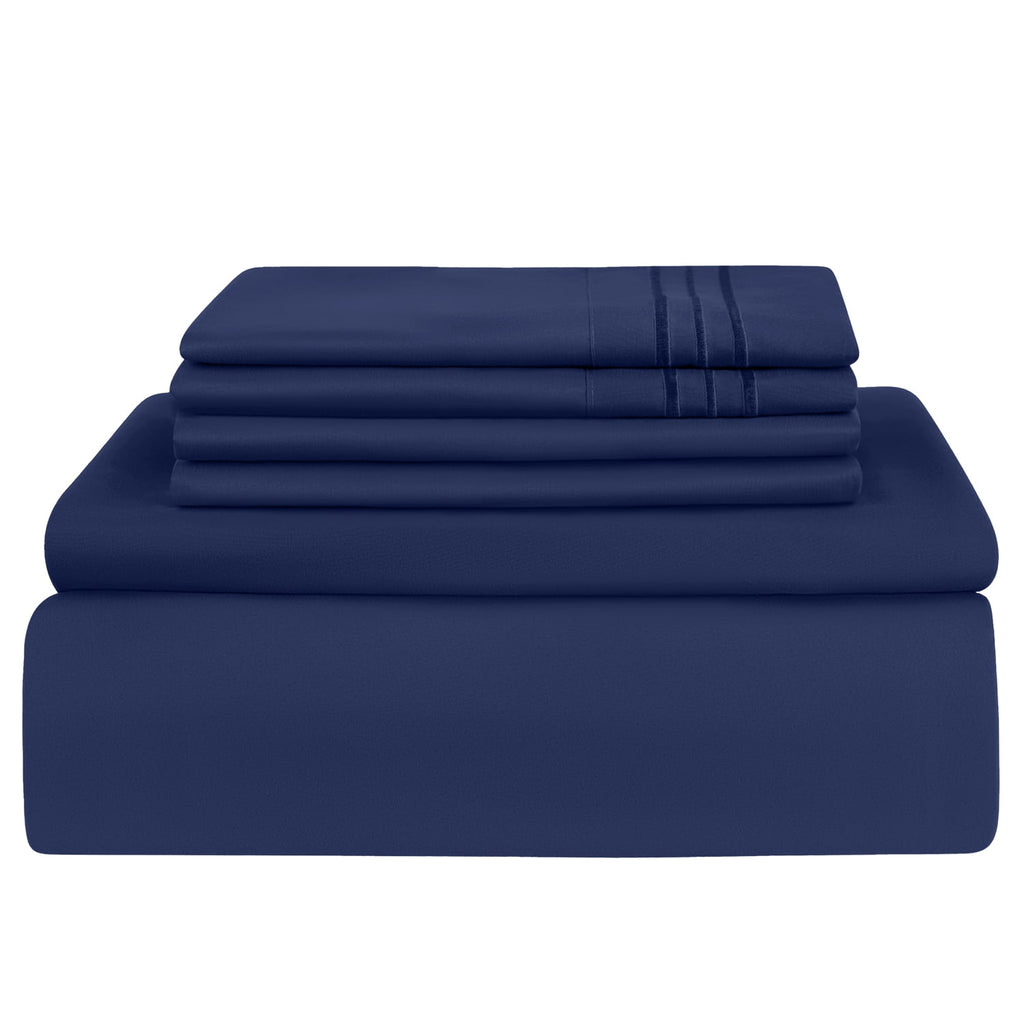 Cooling Sateen Queen Bed Sheets Set, 6 Pc Microfiber Bed Sheets, Extra Deep Pocket Queen Fitted Sheet, Flat Sheet & Pillowcases, Nav... - Luxury Bed Sheet Set with Deep Pockets Detail