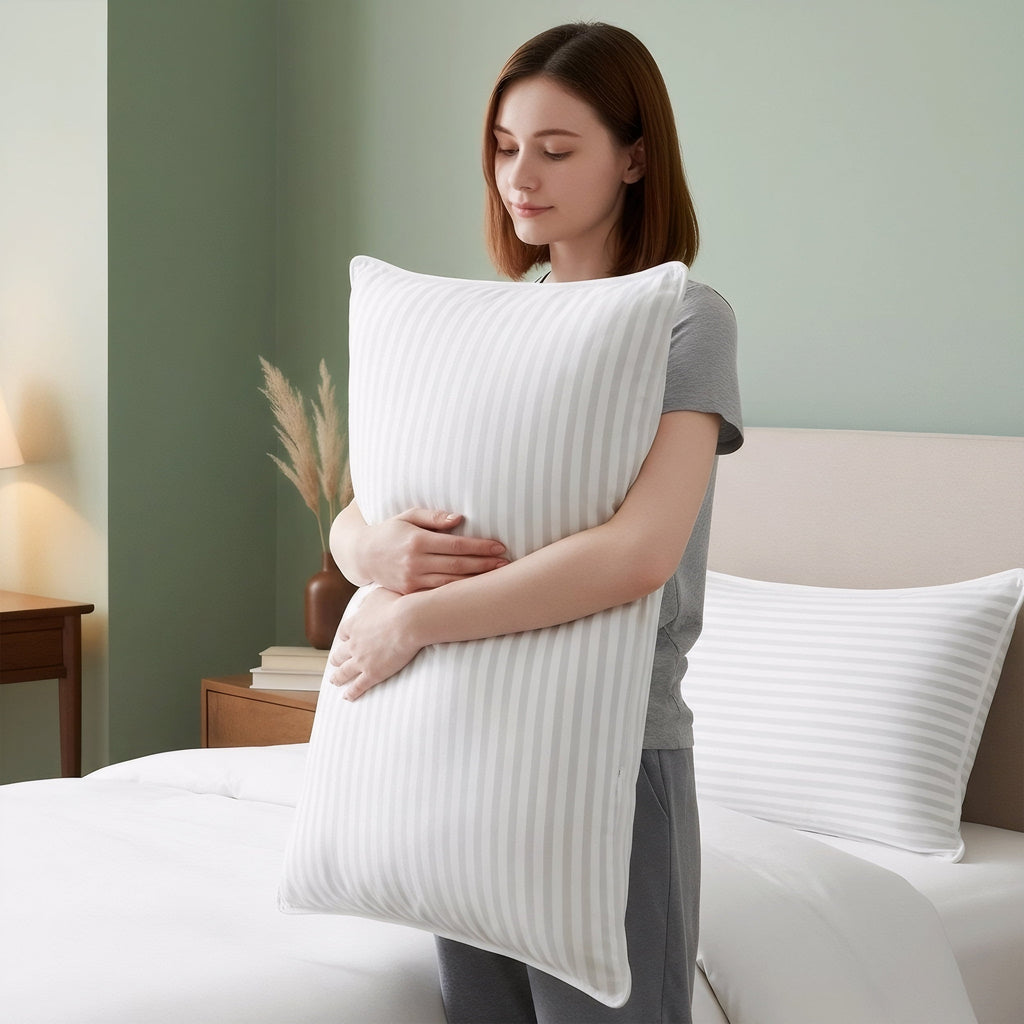Ergonomic Memory Foam Bed Pillow with White Stripes - Set of 2 - Ultra Cozy & Relaxing For Adults, (Queen, 28"L x 20" W) - Hotel Quality Plush Sleeping Pillows Detail