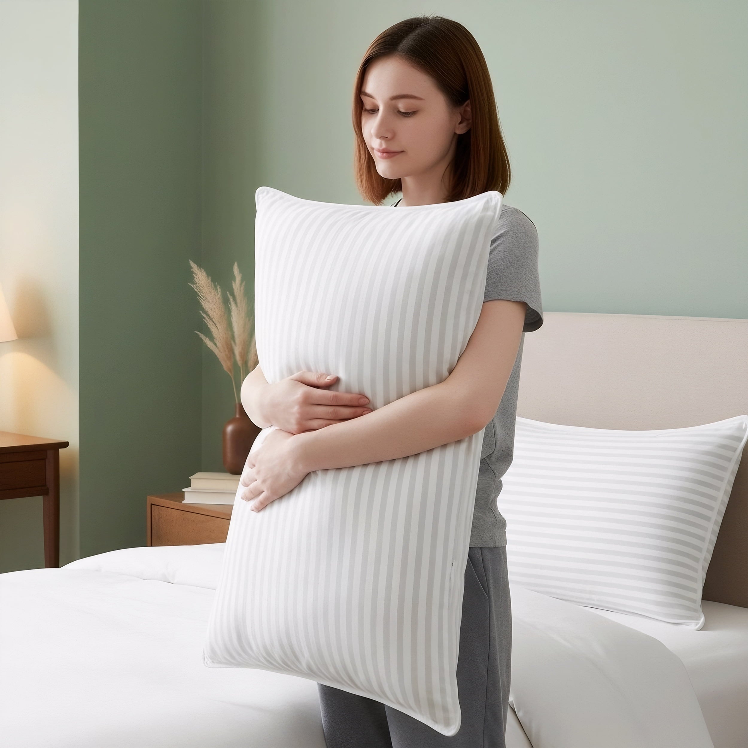 Ergonomic Memory Foam Bed Pillow with White Stripes - Set of 2 - Ultra Cozy & Relaxing For Adults, (Queen, 28"L x 20" W) - Hotel Quality Plush Sleeping Pillows Detail