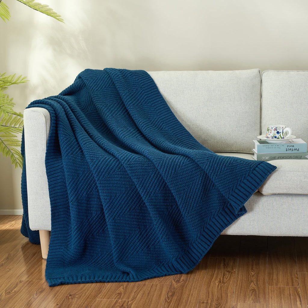 Reversible Sherpa Soft Knitted Throw Blanket 50" x 60" Navy Blue, Boho Chevron Farmhouse Throw for Bed Couch - Lightweight Plush Warm Blanket for All Seasons Detail