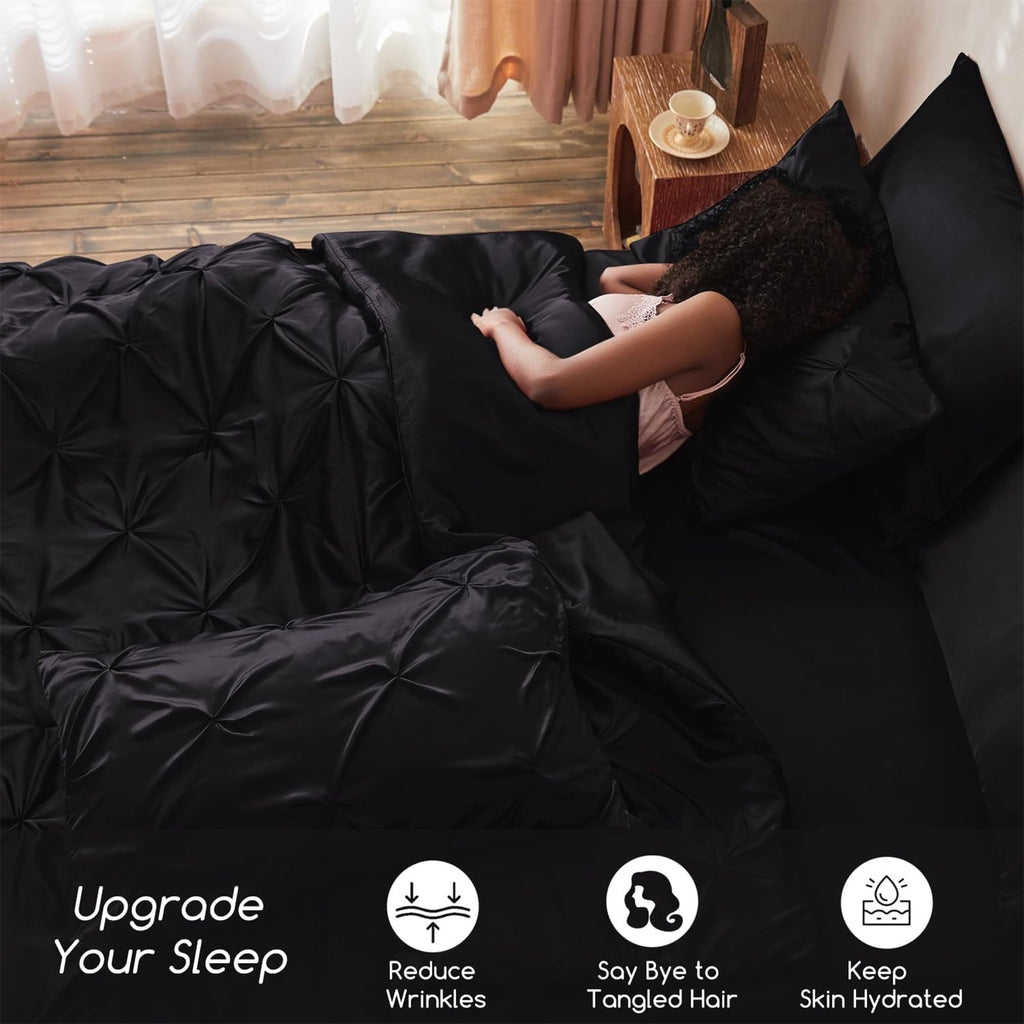 All-Season Satin Comforter Set 7 Pieces Queen Size - Luxurious Pinch Pleat Bed in a Bag with Satin Comforter, Satin Sheets, Sati... - Luxurious Quilted Duvet Cover Set Detail