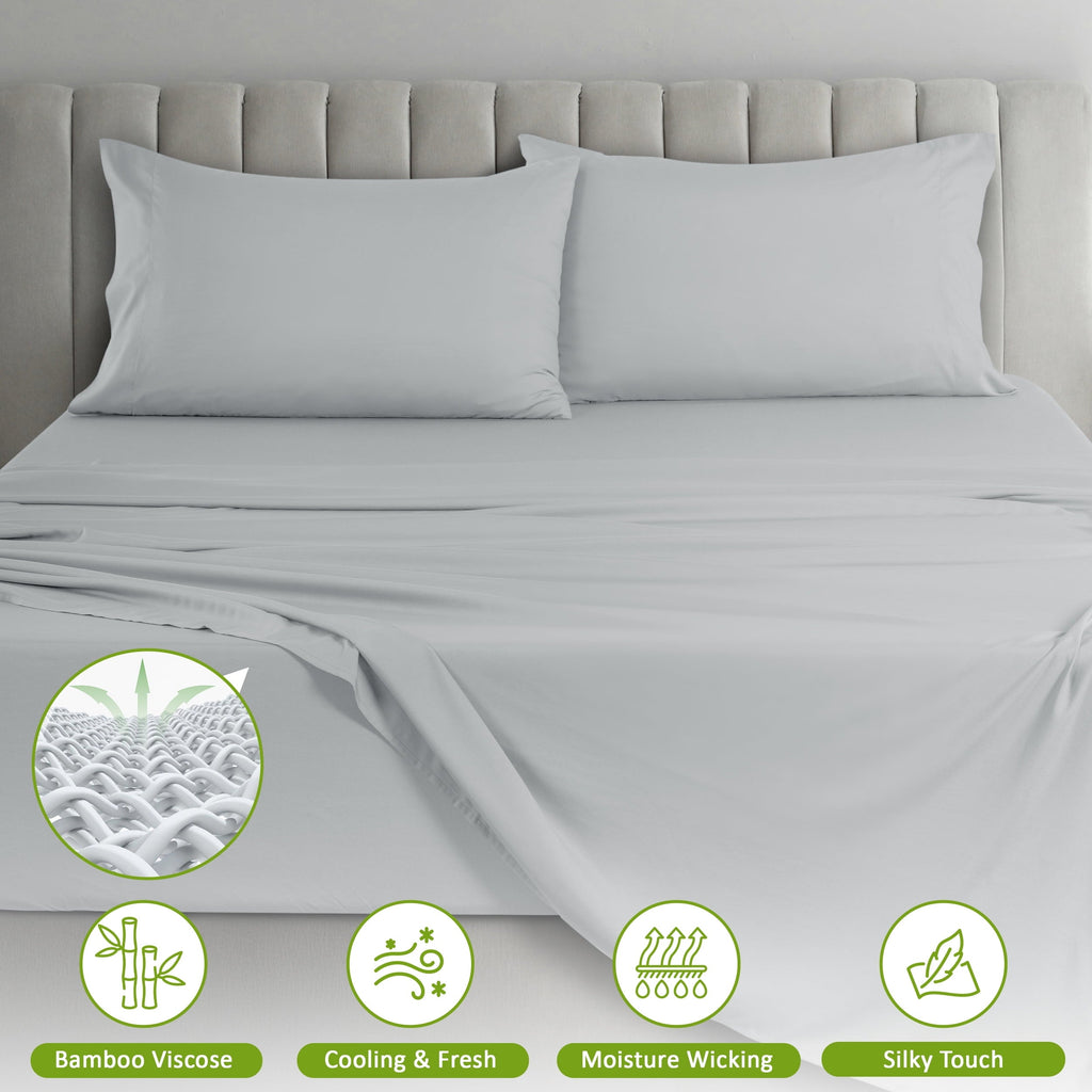Premium Egyptian Cotton Rayon - 4 Piece Cooling Bed Sheets Set, Gray - Breathable Egyptian Cotton Flat & Fitted Sheets Detail