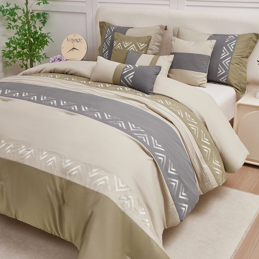 Fluffy Down Alternative 7 Piece Embroidery Design Bed-in-a-Bag, Taupe Queen Size Ultra Soft Comforter Set for Adults - Cloud-Like Soft Lightweight Bed Comforter Detail
