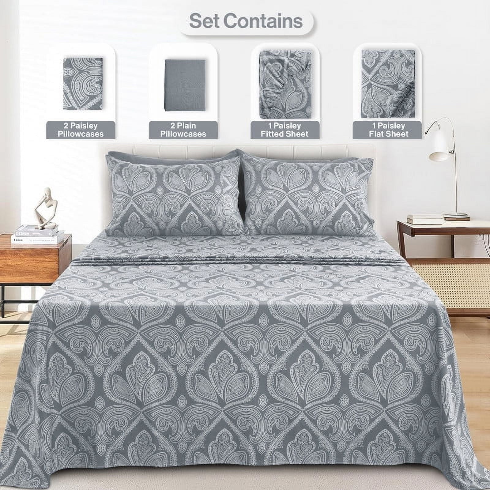 Premium Egyptian Cotton 6-Piece Bed Sheet Set, Deep Pocket Queen Sheets Up to 16 Inch, 1 Flat Sheet , 1 Fitted Sheet & 4 Pillowcases (Queen, ... - Breathable Egyptian Cotton Flat & Fitted Sheets Detail