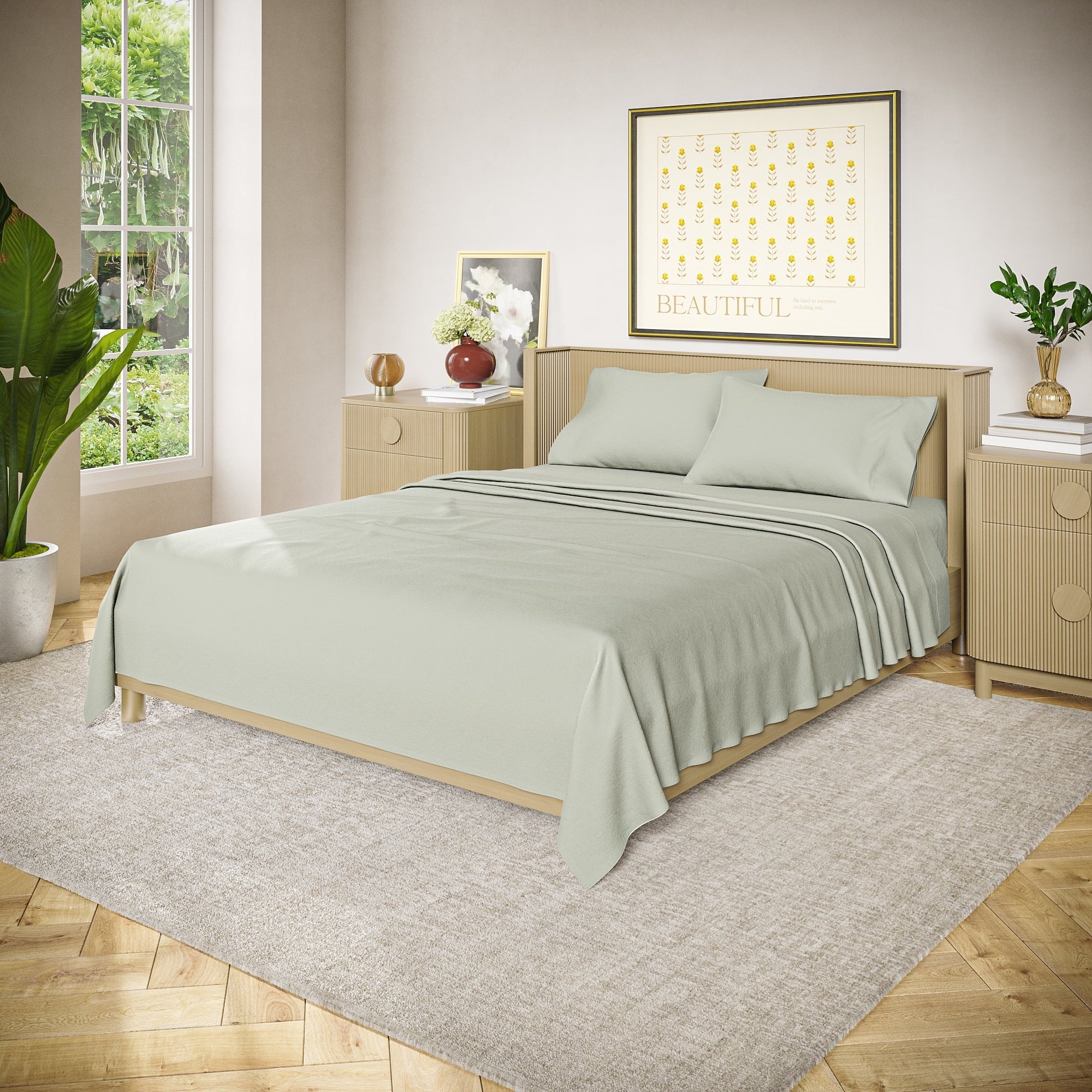 Premium Egyptian Cotton Solid 4-Piece 100% Cotton Washed Percale Sage Green Sheet Set, Full - Premium Ultra-Soft Pillowcase Pair for Sleeping Detail