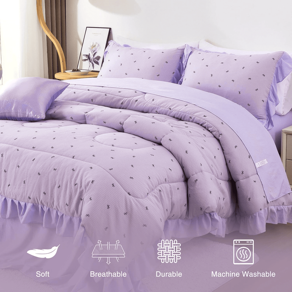 Heavyweight Warmth 6 Piece Delicate Bows Purple Bedding Set Ruffle Princess Style Comforter Set Bed in a Bag - Luxurious Quilted Duvet Cover Set Detail