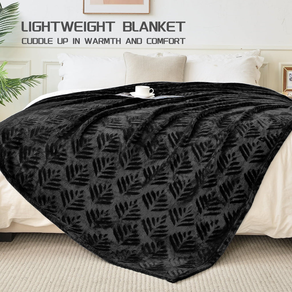 Decorative Knitted Fleece Throw Blanket for Couch, Leaves Pattern Super Soft and Cozy Blankets, Plush Fuzzy Lightweight, Black, 50"x60" - Super Soft Reversible Sherpa Flannel Blanket Detail