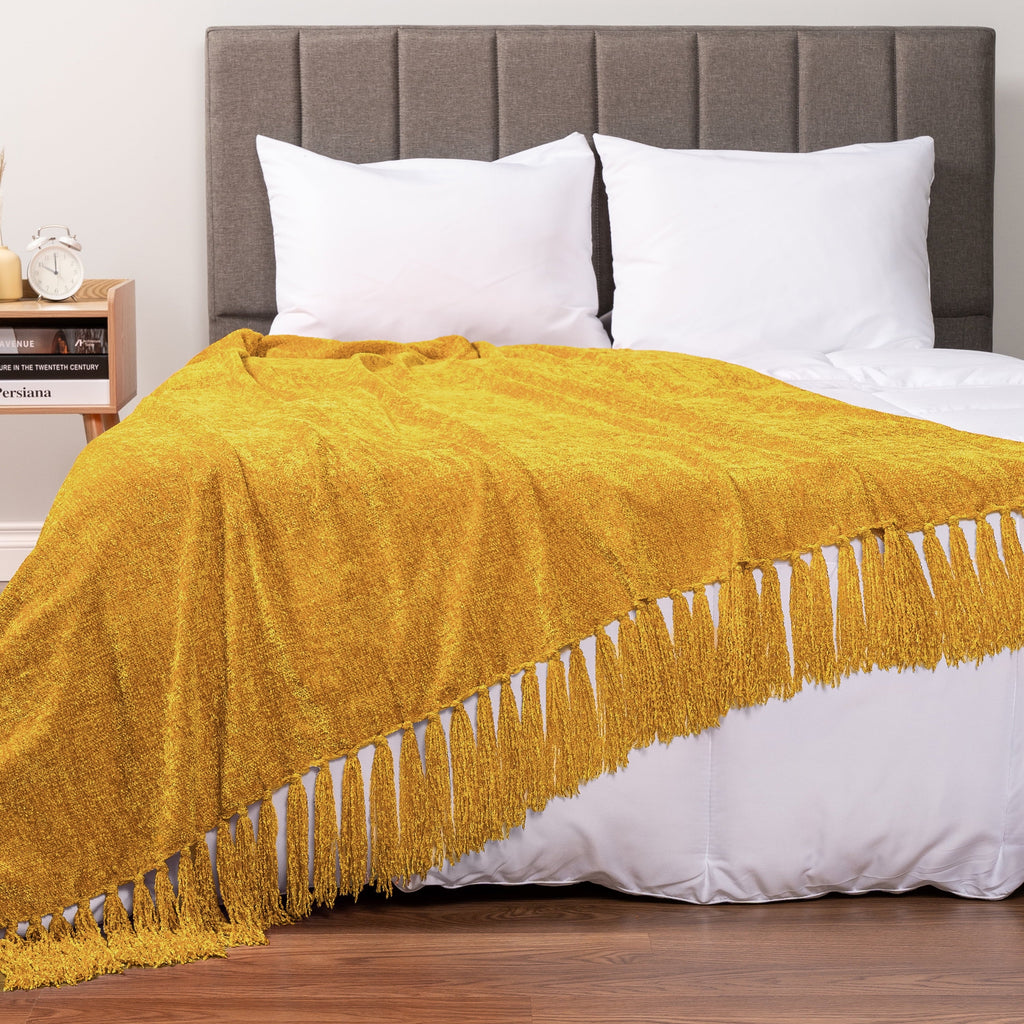 Lightweight Warm Mustard Yellow Chenille Throw Blanket for Couch, Soft Gold Knit Blanket with Tassel Fringe, Woven Chenille Knitted De... - Lightweight Plush Warm Blanket for All Seasons Detail