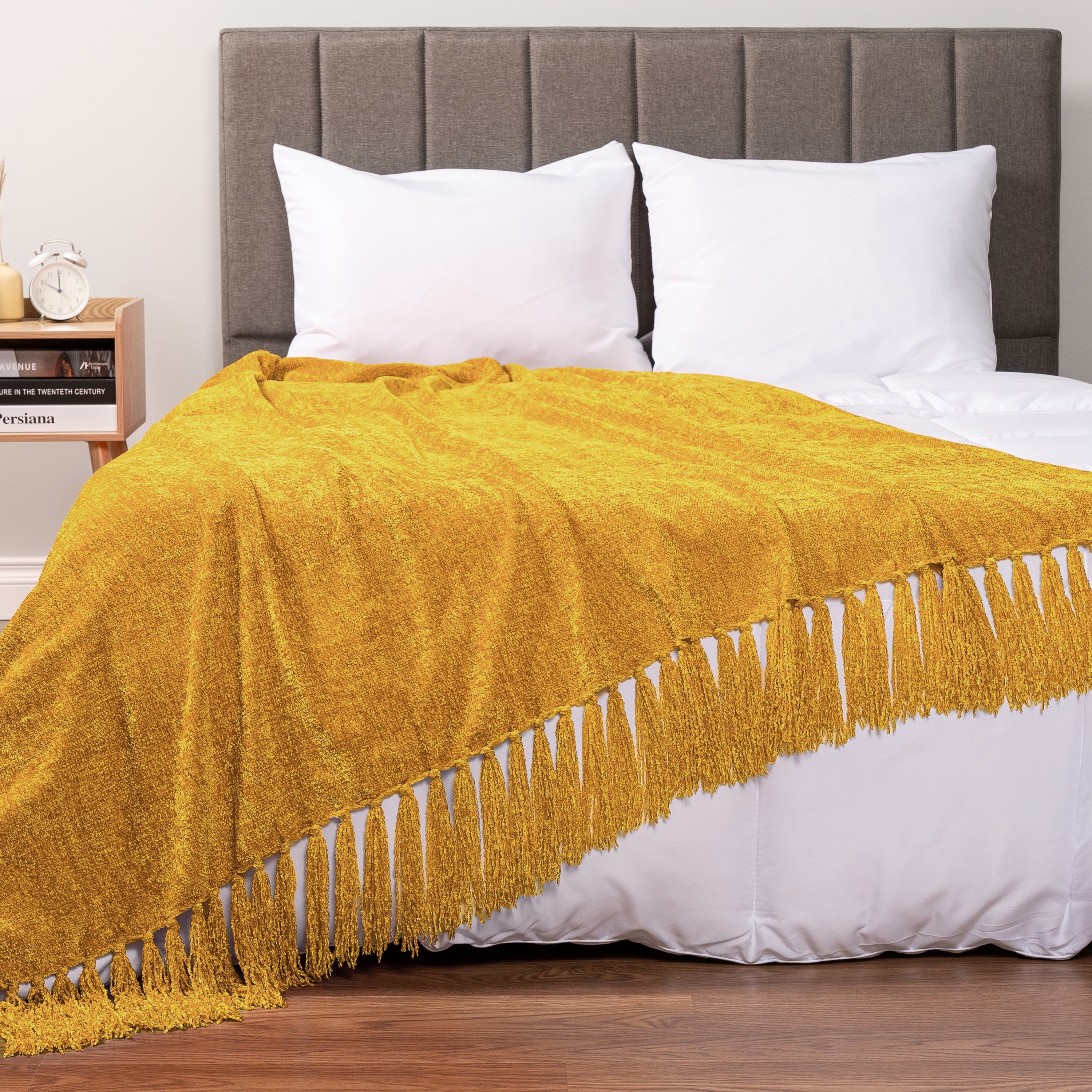 Lightweight Warm Mustard Yellow Chenille Throw Blanket for Couch, Soft Gold Knit Blanket with Tassel Fringe, Woven Chenille Knitted De... - Lightweight Plush Warm Blanket for All Seasons Detail
