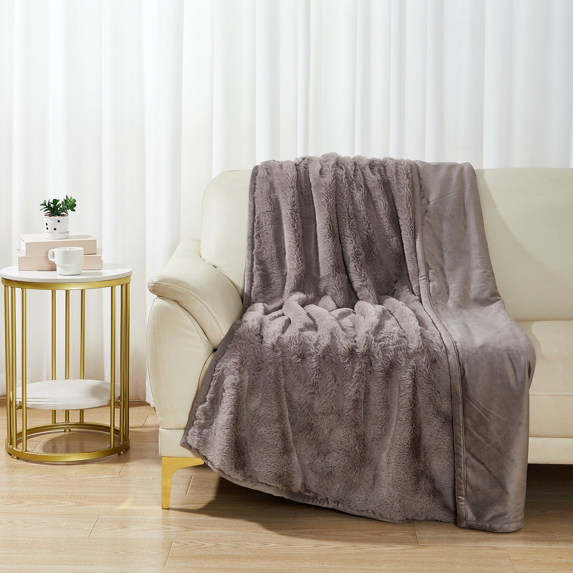 Decorative Knitted Grey Faux Fur Ultra Soft Luxury Oversized Throw Blanket 50" x 72", Grey Bisque - Luxury Knitted Decorative Throw Blanket with Fringes Detail