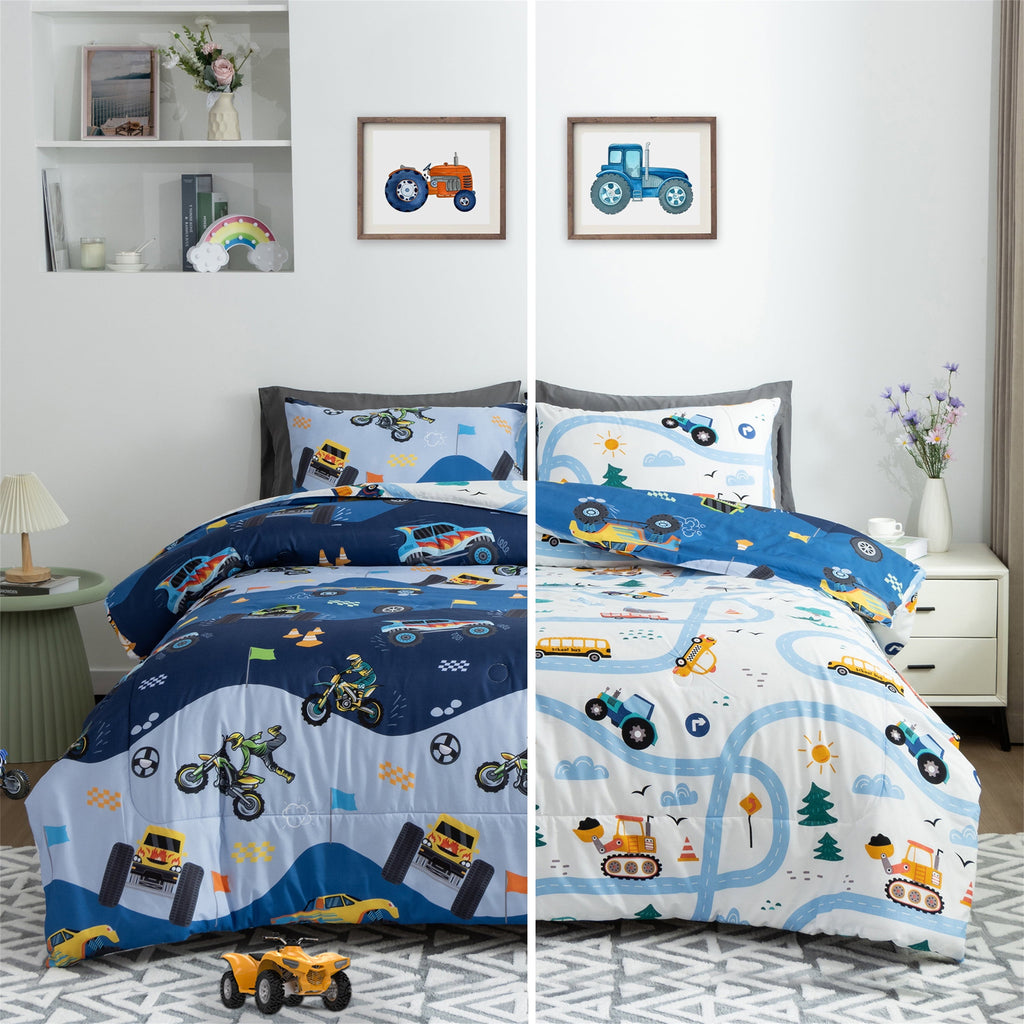 Heavyweight Warmth 3Pcs Reversible Construction Truck Twin Comforter Set for Boys Kids Excavator Vehicle Motorcycle Bedding Set Blue - All-Season Down Alternative Comforter Insert Detail