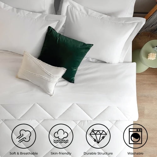 Hypoallergenic Cloud Comforter Set 7-Piece Bed in a Bag - Adult, White, Queen - Luxurious Quilted Duvet Cover Set Detail