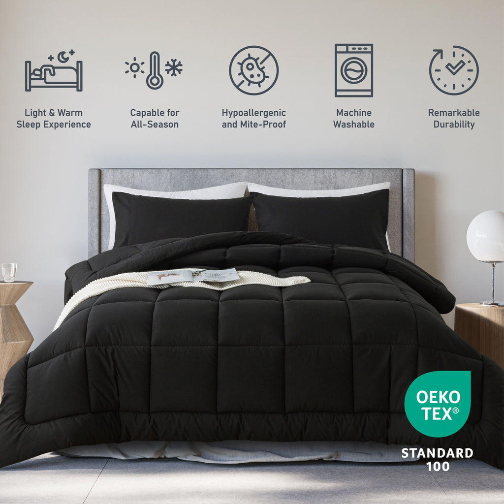 Fluffy Down Alternative Queen Size 3-Piece All-Season Down Alternative Comforter Set Deep Black (Comforter and Pillowcase Bedding Set / bed i... - Cloud-Like Soft Lightweight Bed Comforter Detail
