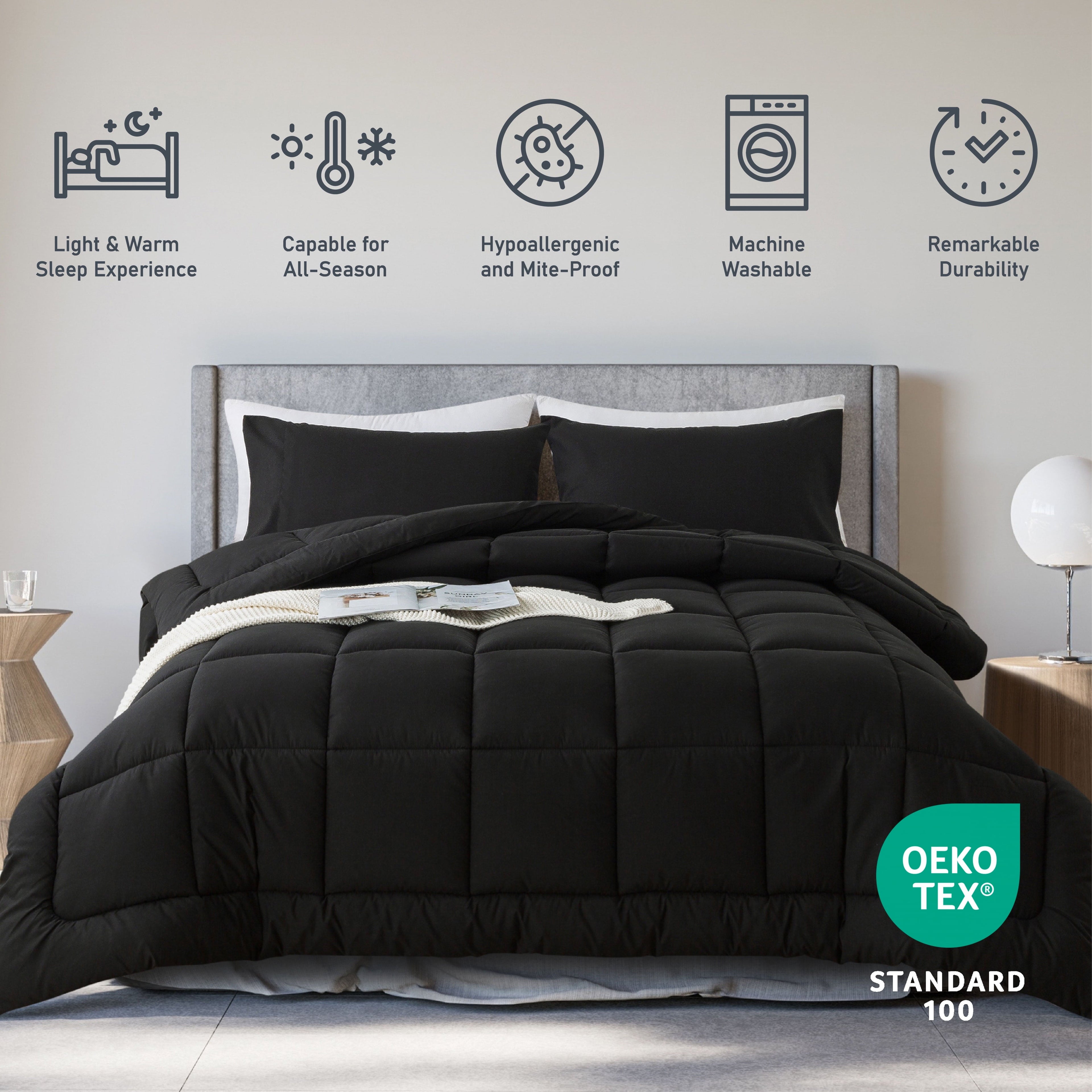 Fluffy Down Alternative Queen Size 3-Piece All-Season Down Alternative Comforter Set Deep Black (Comforter and Pillowcase Bedding Set / bed i... - Cloud-Like Soft Lightweight Bed Comforter Detail