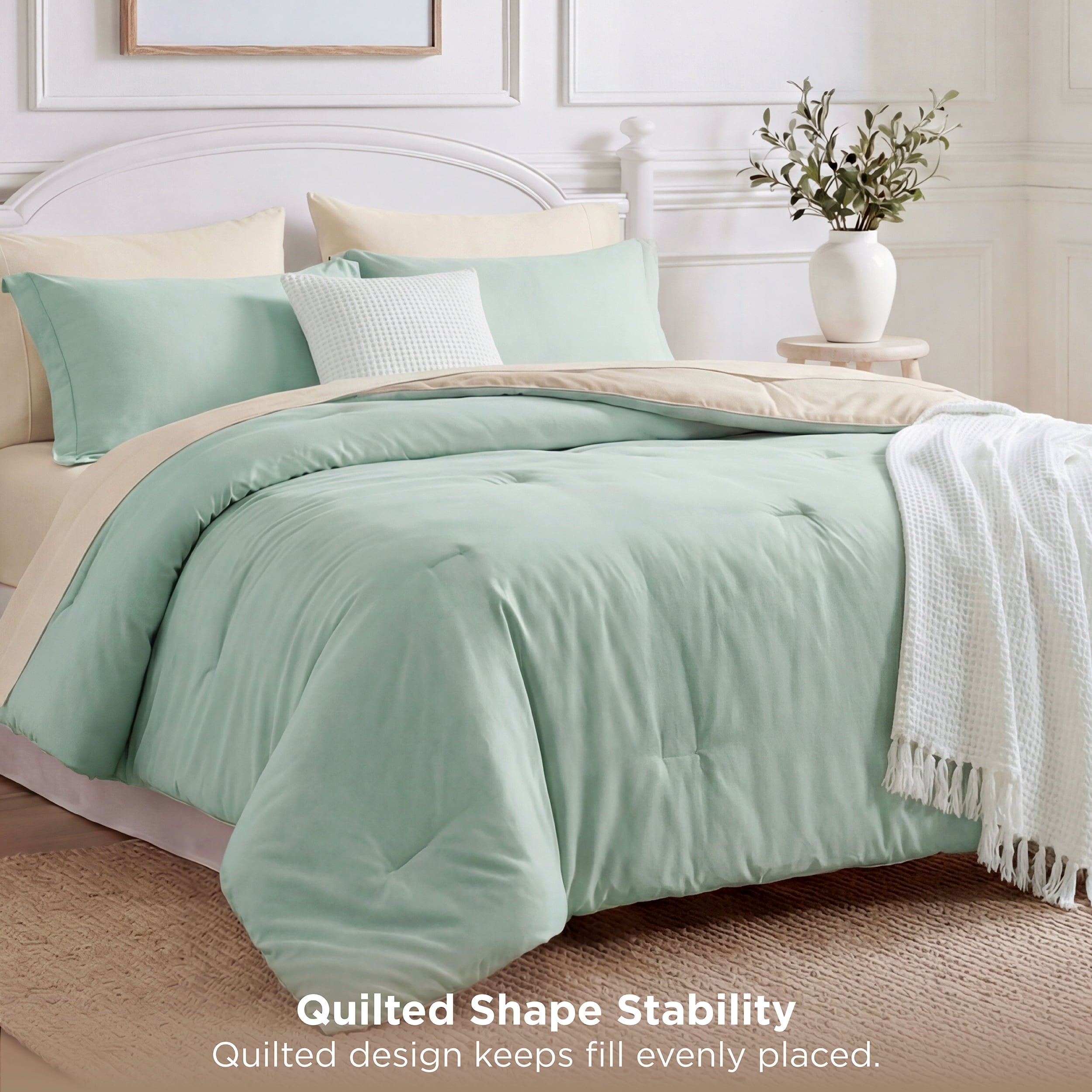 Fluffy Down Alternative Queen Comforter Set Sage Green, 7 Pieces Lightweight Queen Bedding Sets, Contrasting Design - Hypoallergenic Ultra-Fluffy Quilt for Winter Detail