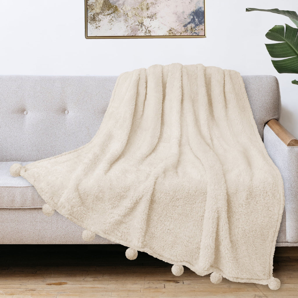 Reversible Sherpa Ivory Cream Sherpa Throw Blanket with Soft Pom Pom Fringe, Plush Cozy Warm Blankets for Couch Bed Sofa, Fuzzy Fleece ... - Luxury Knitted Decorative Throw Blanket with Fringes Detail