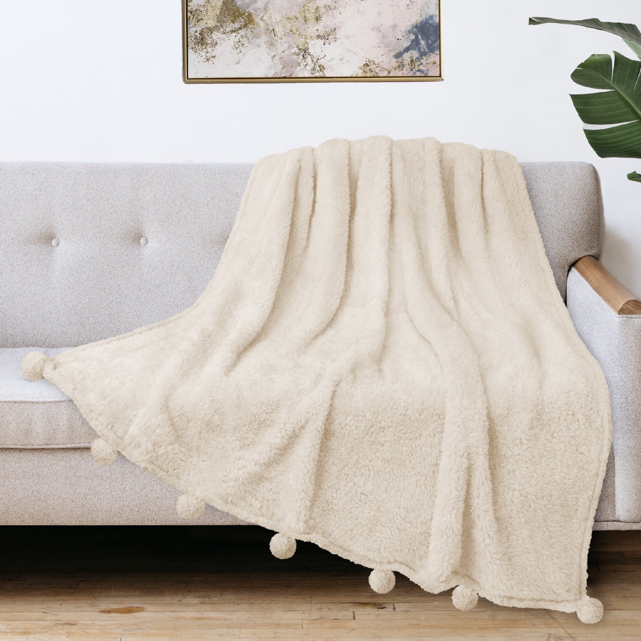 Reversible Sherpa Ivory Cream Sherpa Throw Blanket with Soft Pom Pom Fringe, Plush Cozy Warm Blankets for Couch Bed Sofa, Fuzzy Fleece ... - Luxury Knitted Decorative Throw Blanket with Fringes Detail