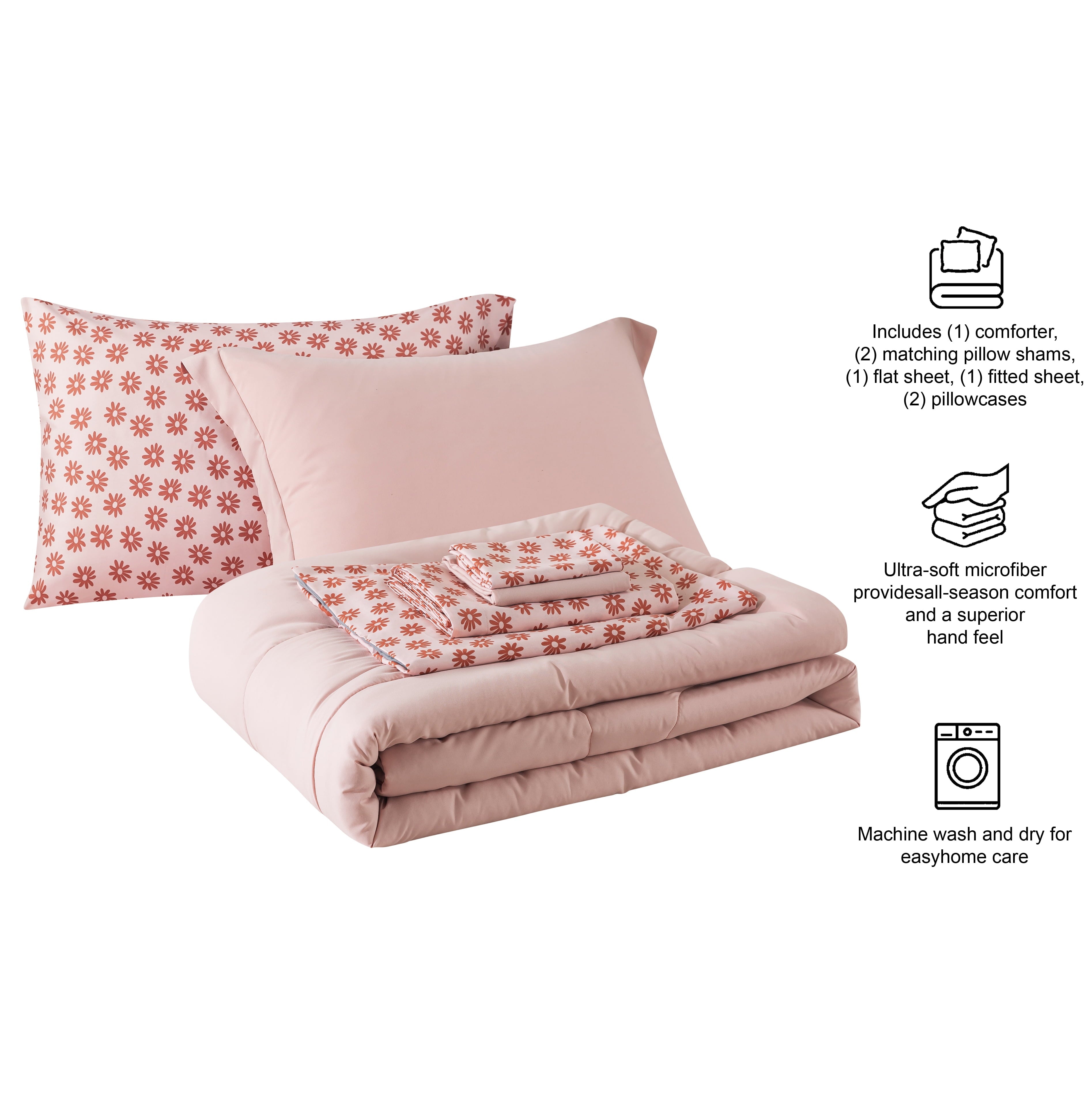 All-Season 7-Piece Reversible Bed in a Bag Comforter Set with Sheets, Pink, Queen - All-Season Down Alternative Comforter Insert Detail