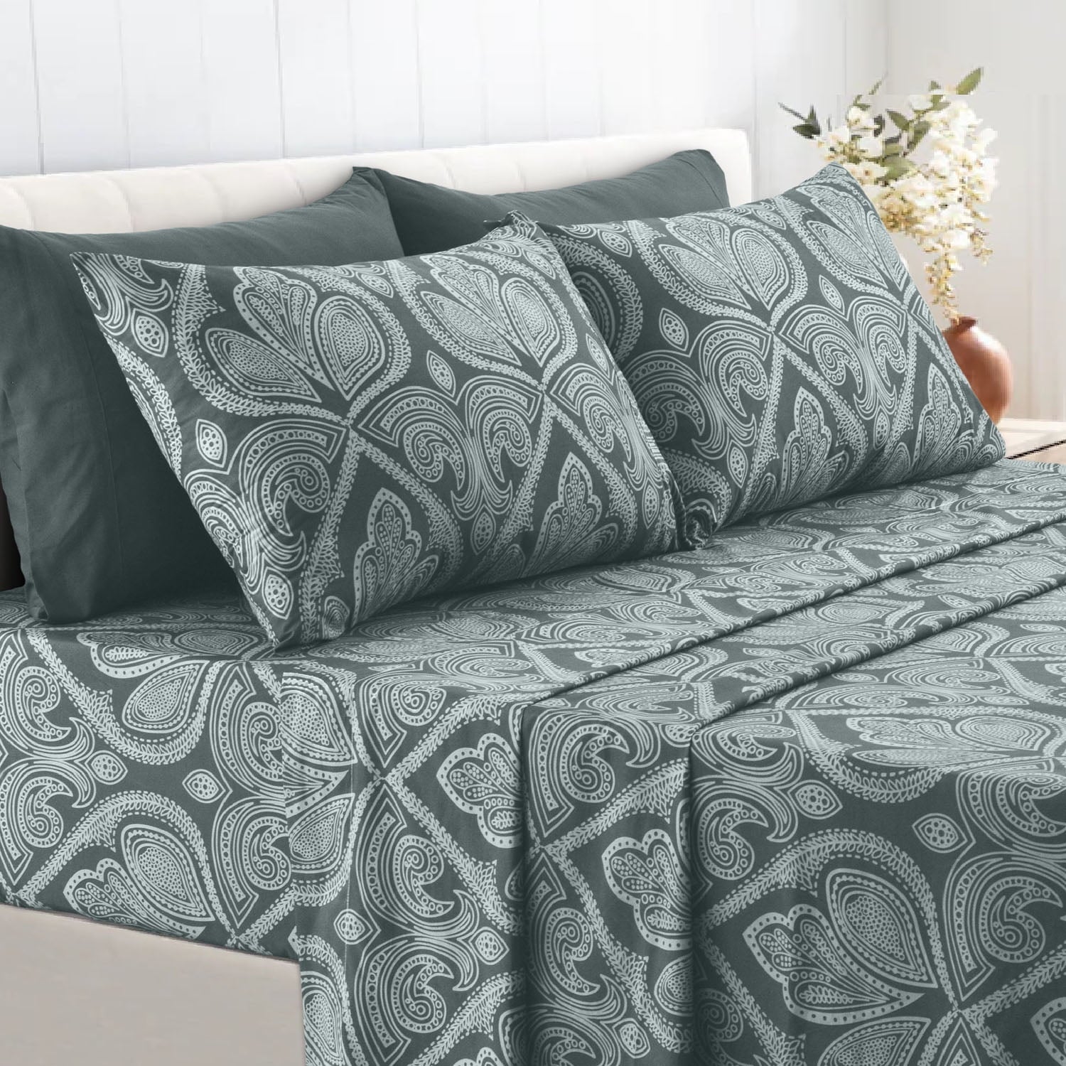 Ultra-Soft Queen Bed Sheets Set - 6 Piece Brushed Microfiber Bed Sheet - Shrinkage and Fade Resistant - (Queen, Grey) - Breathable Egyptian Cotton Flat & Fitted Sheets Detail
