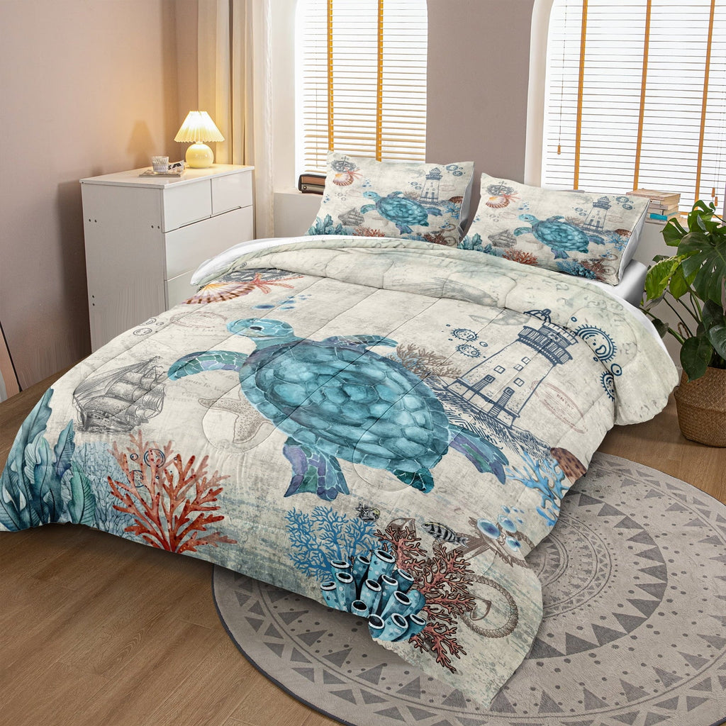 Heavyweight Warmth Sea Turtle Comforter Set Queen Ocean Beach Bedding Set Soft and Lightweight Retro Style Design Coastal Bedding Set - Cloud-Like Soft Lightweight Bed Comforter Detail