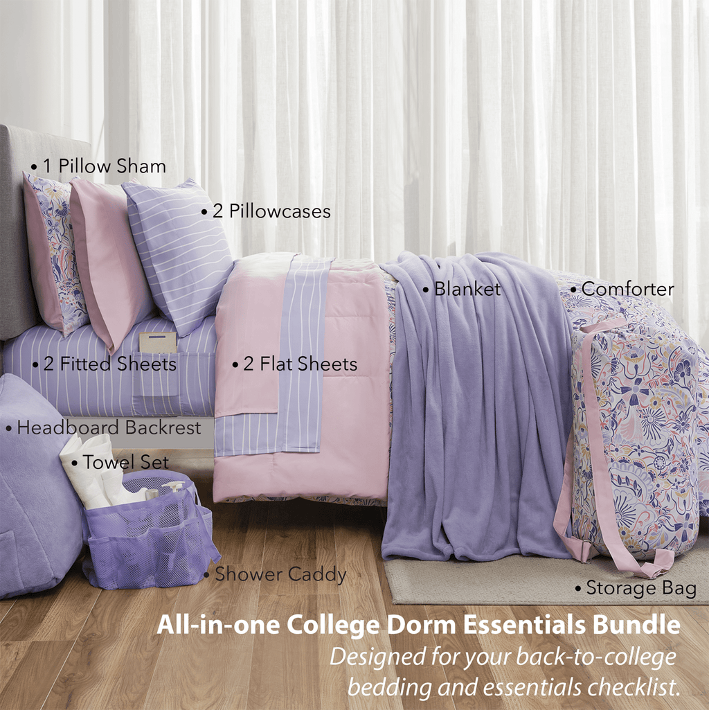 All-Season 14pc College Dorm Essentials Bundle, Twin-XL, Reversible Bed in a Bag Comforter Set, Purple Floral - Luxurious Quilted Duvet Cover Set Detail