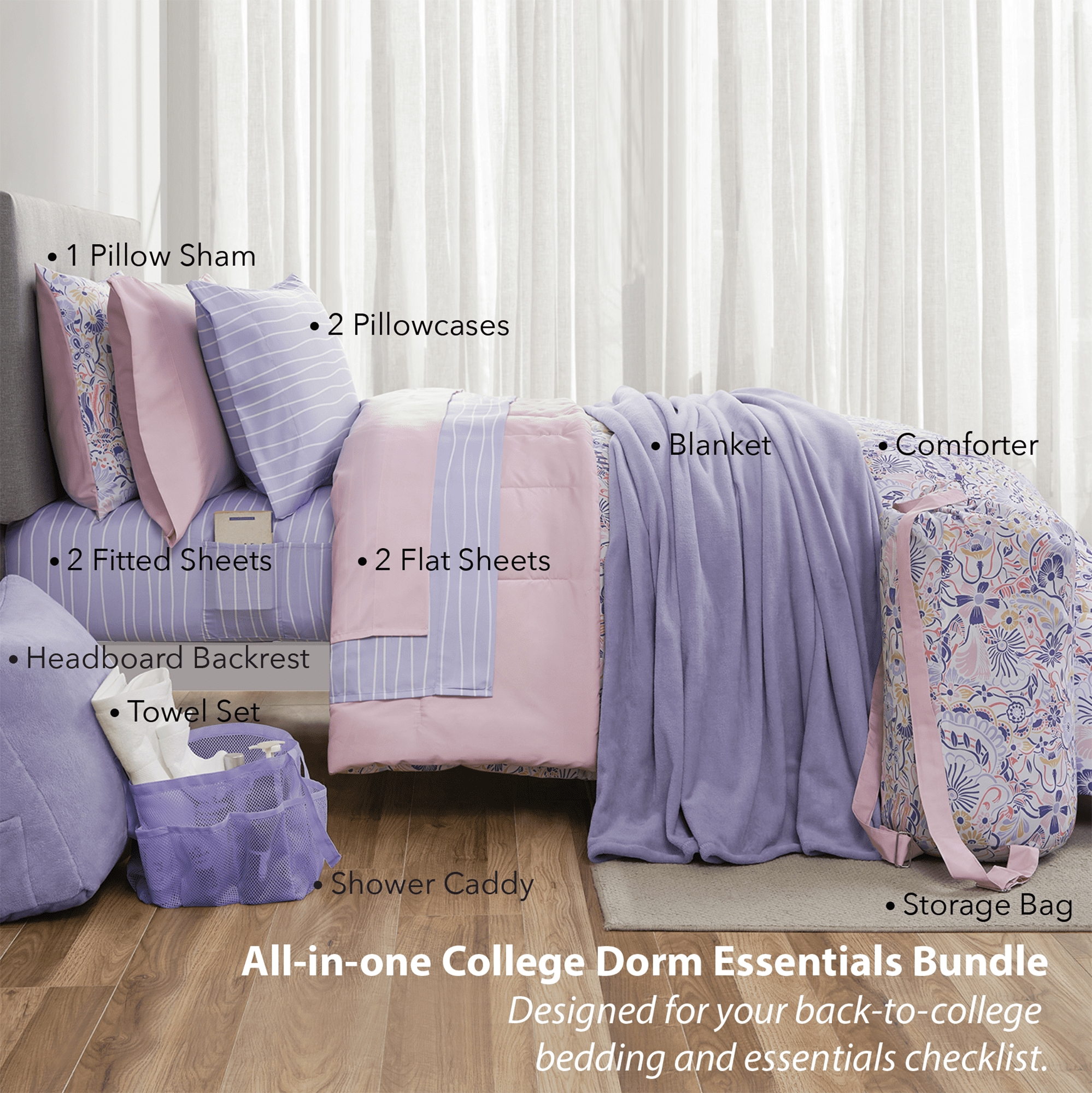 All-Season 14pc College Dorm Essentials Bundle, Twin-XL, Reversible Bed in a Bag Comforter Set, Purple Floral - Luxurious Quilted Duvet Cover Set Detail