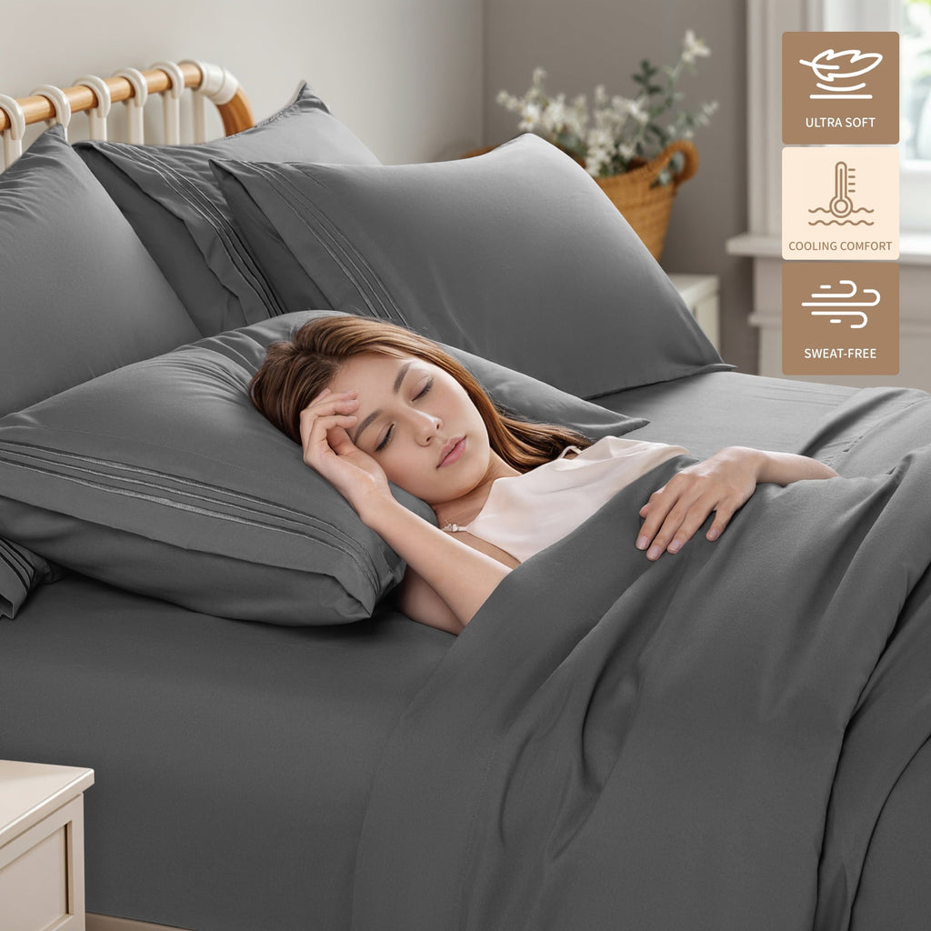 Breathable Luxury 6 Pieces Bed Sheet Set, 1800 Series Soft Microfiber Queen Sheets with 16" Deep Pocket, Dark Gray - Cooling Hotel Quality Bedding Sheets and Pillowcases Detail
