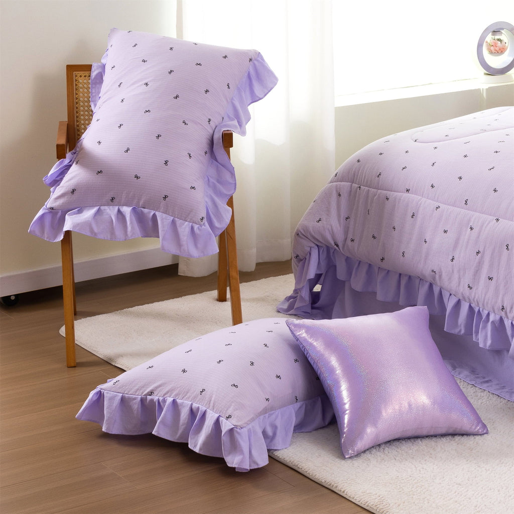 Heavyweight Warmth 6 Piece Delicate Bows Purple Bedding Set Ruffle Princess Style Comforter Set Bed in a Bag - Luxurious Quilted Duvet Cover Set Detail