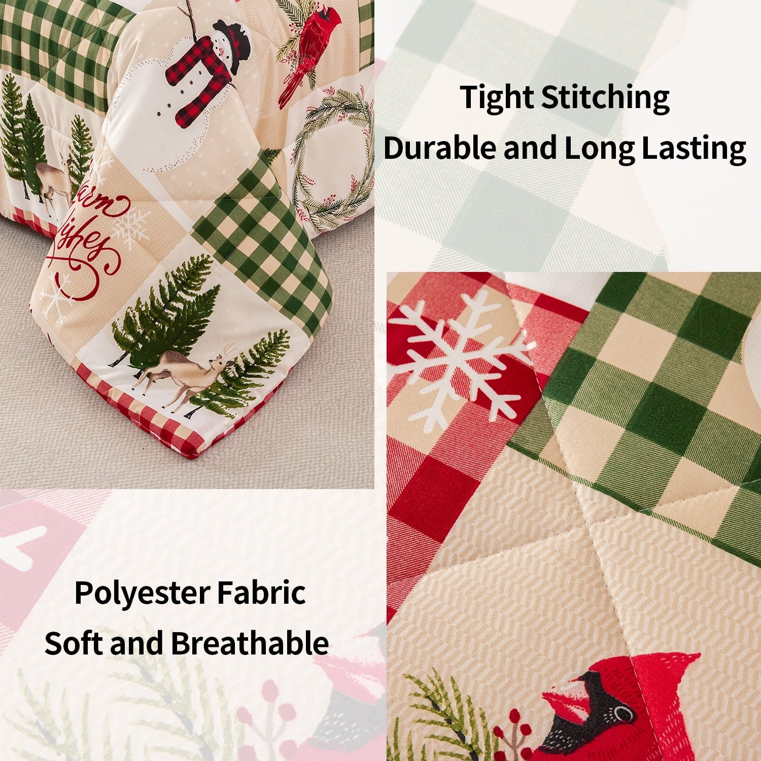 All-Season 3 Pcs Christmas Comforter Set, Bed in a Bag Wreath Snowman Queen/Full Size Xmas Bedding Set Fitted Pillowcases for Adult - Hypoallergenic Ultra-Fluffy Quilt for Winter Detail
